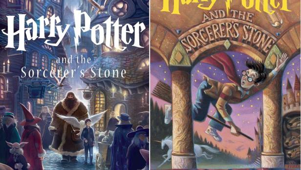 Die Cover der Bücher „Harry Potter und der Stein der Weisen“ von J.K. Rowling.