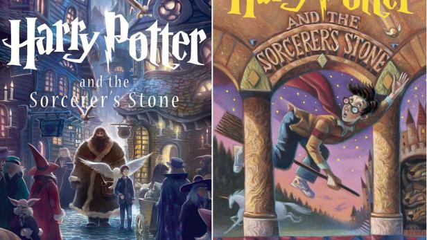 Die Buchcover von „Harry Potter und der Stein der Weisen“ zeigen Harry und Hagrid sowie Harry auf einem Besen.