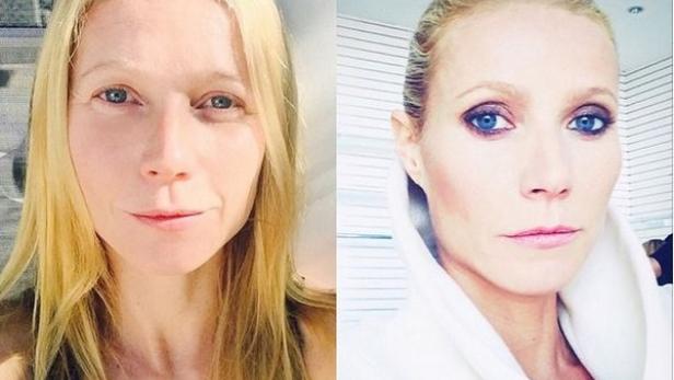Ein Vergleich von Gwyneth Paltrow ungeschminkt und mit Make-up.