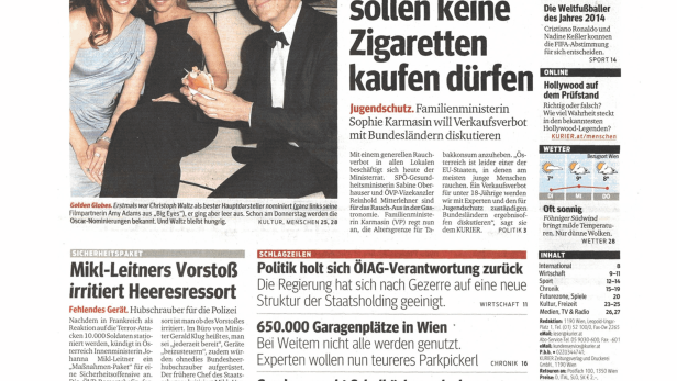Titelseite der Zeitung „Kurier“ vom 13. Jänner 2015.