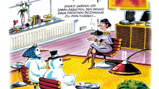 Eine Eheberaterin spricht mit zwei Schneemännern über ihre „frostige Beziehung“.