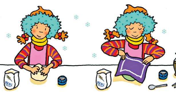 Eine Illustration zeigt ein Kind, das in vier Schritten Teig zubereitet.