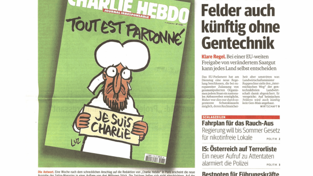 Titelseite des Kurier vom 14. Jänner 2015 mit einer Karikatur von „Charlie Hebdo“.