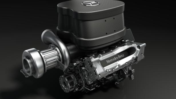 Ein Mercedes-Benz Formel-1-Motor vor einem dunklen Hintergrund.