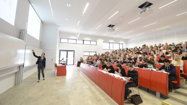 Eine Dozentin präsentiert vor einem vollen Hörsaal mit Studierenden.