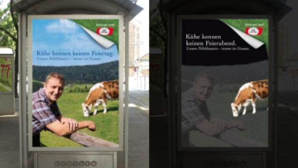Ein Werbeplakat zeigt einen Mann und eine Kuh auf einer grünen Wiese.