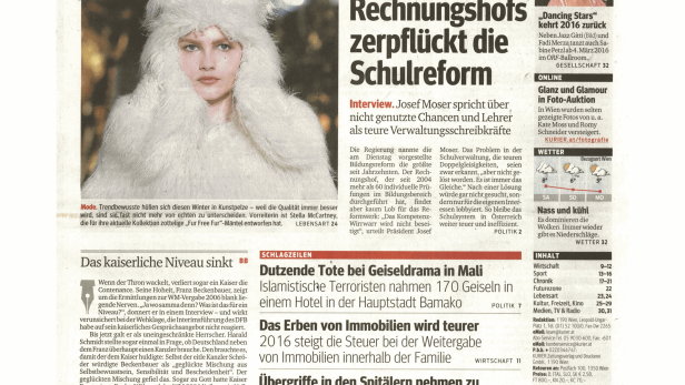 Titelseite der Zeitung „Kurier“ vom 21. November 2015.