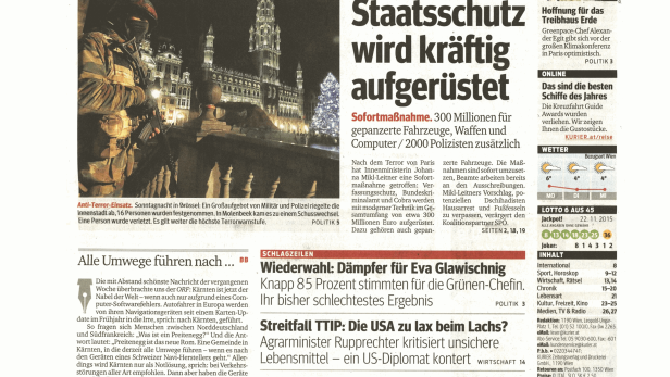 Titelseite des Kurier vom 23. November 2015 mit Schlagzeilen zu Terrorismus und Staatsschutz.