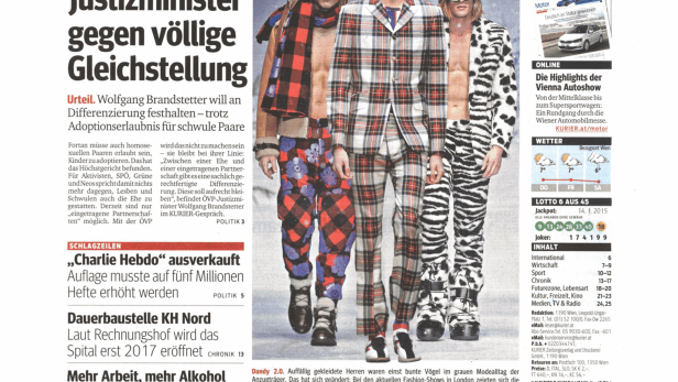 Titelseite des Kurier vom 15. Jänner 2015 mit Artikeln zu Homoehe und Mode.