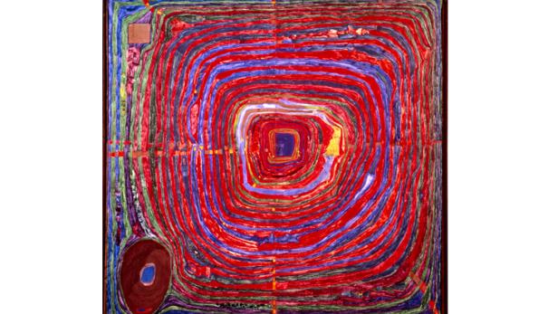 Das abstrakte Gemälde zeigt ein spiralförmiges Muster in Rot, Blau und Grün, das sich zu einem Quadrat in der Mitte windet.