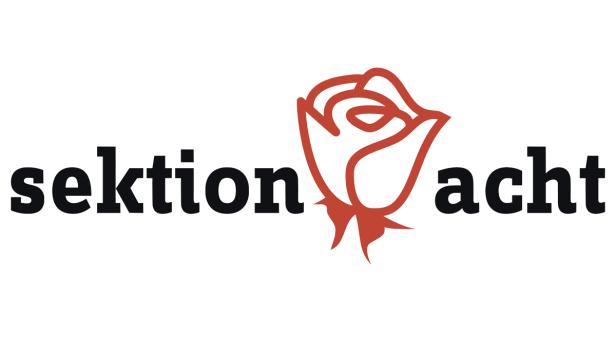 Das Logo von Sektion Acht mit stilisierter roter Rose.