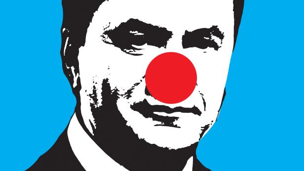 Ein stilisierter Mann mit Anzug und roter Clownsnase vor blauem Hintergrund.