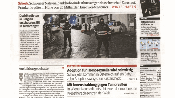 Titelseite der Zeitung Kurier vom 16. Jänner 2015.