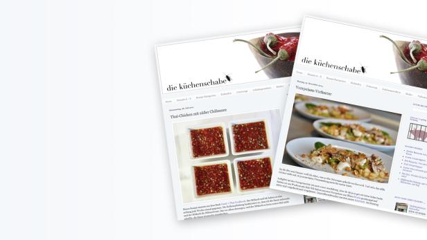 Zwei geöffnete Webseiten der „Küchenschabe“ zeigen Rezepte für Thai-Chicken und Vorspeisen.