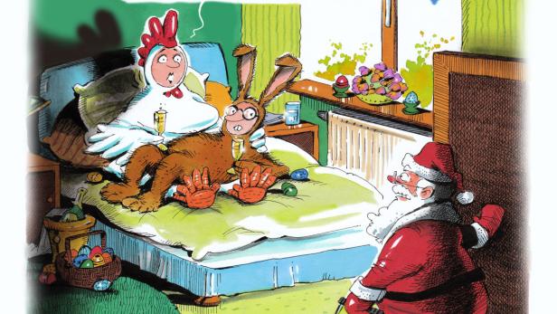 Ein Huhn-Kostüm sagt zu einem Weihnachtsmann, der einen Koffer zieht: „Tut mir leid, Claus. Zwischen Otto und mir war es Liebe auf den ersten Blick.“.