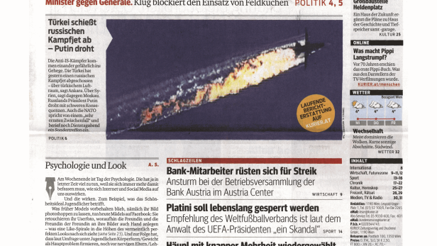 Titelseite des Kurier vom 25. November 2015.