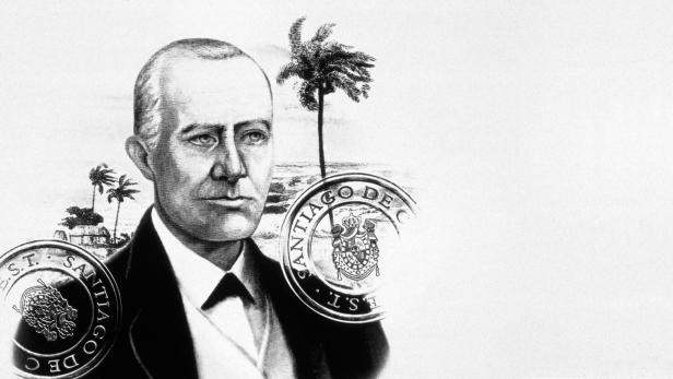 Ein Porträt von Emilio Bacardí Moreau vor einer Landschaft von Santiago de Cuba.