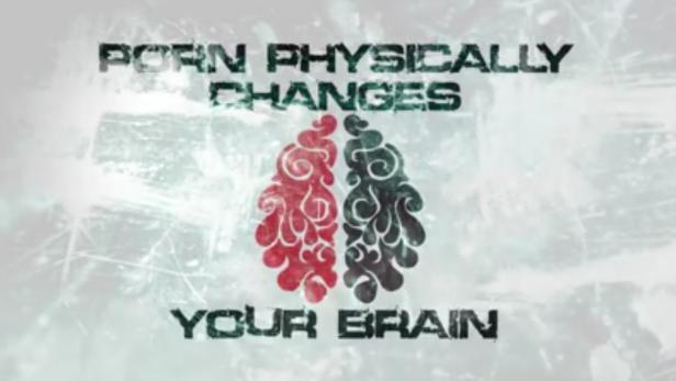 Eine Grafik zeigt ein stilisiertes Gehirn mit der Aufschrift „Porn physically changes your brain“.