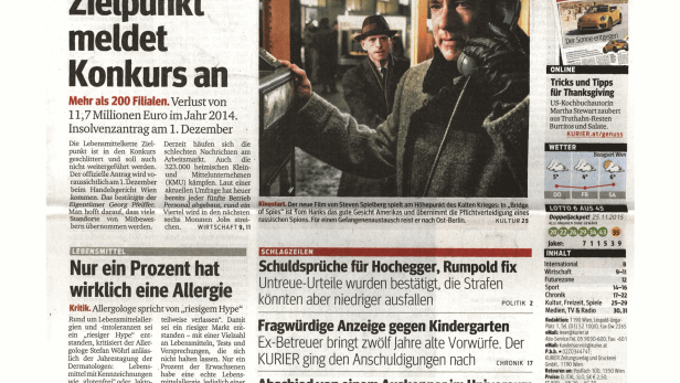 Titelseite des Kurier vom 26. November 2015 mit Artikeln über Pippi Langstrumpf und Tom Hanks.