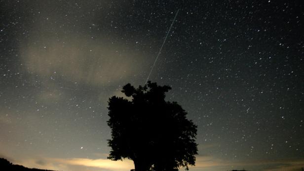 ARCHIV - Eine Sternschnuppe ist am 13.08.2005 am Sternenhimmel bei Klosterlangheim über einem Baum zu sehen (Aufnahme mit Langzeitbelichtung). Tausende Sternschnuppen werden ab Dienstag (10.08.2010) ein..Feuerwerk am Nachthimmel entfachen. Dann beginnt der Perseidenstrom, der am Donnerstagabend sein Maximum erreichen wird. Mit rund 100 Meteoren rechnen die Astronomen pro Stunde. Am Samstag endet das..Himmelsspektakel. Foto: Marcus Führer dpa (zu dpa 0181 vom 09.08.2010) +++(c) dpa - Bildfunk+++
