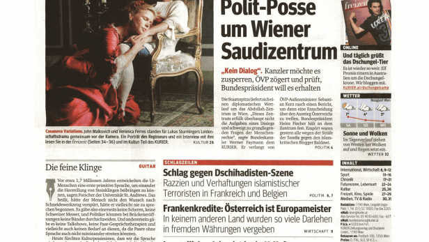Titelseite des „Kurier“ vom 17. Jänner 2015 mit Artikeln zu verschiedenen Themen.