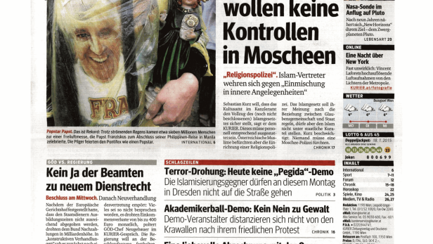 Titelseite der österreichischen Tageszeitung „Kurier“ vom 19. Jänner 2015.