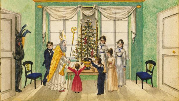 Biedermeier: Weihnachtsfest 1820 mit Nikolaus und Krampus.