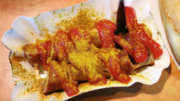 A German Currywurst (curry sausage) is on display