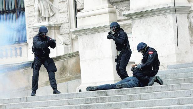 Cobra-Mitarbeiter trainieren in Wien eine Festnahme.