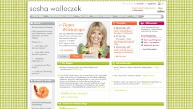 Screenshot der Webseite von Sasha Walczek mit Informationen zu Workshops und Ernährung.