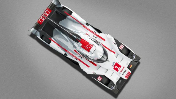 Ein Audi e-tron quattro Rennwagen mit der Nummer 1 auf grauem Untergrund.