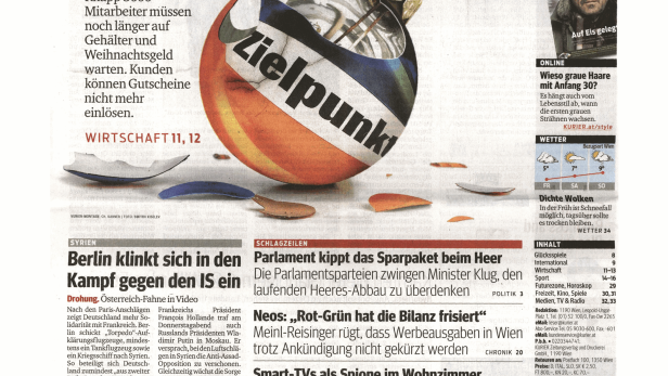 Titelseite des Kurier vom 27. November 2015 mit einer zerbrochenen Weihnachtskugel und dem Wort „Zielpunkt“.