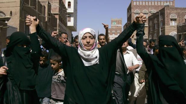 Tawakkol Karman während eines Protestmarsches in Sanaa.