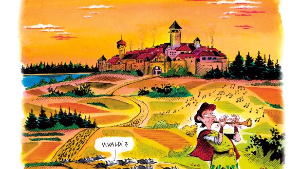 Ein Flötenspieler führt eine Schar von Ratten an einem Schloss vorbei.