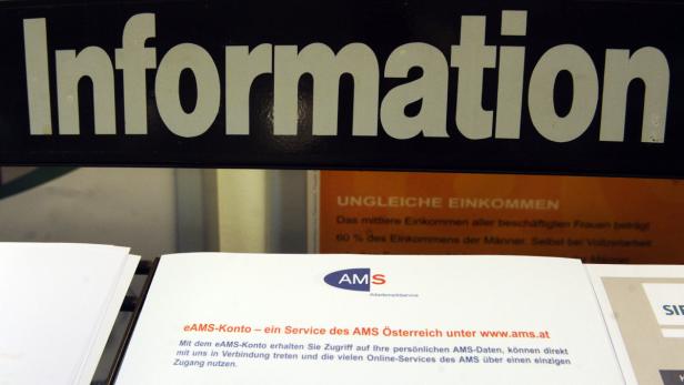 Ein Informationsstand mit Broschüren des AMS Österreich zum Thema eAMS-Konto.