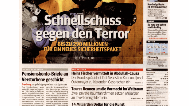 Titelseite des Kurier vom 21. Jänner 2015 mit Artikeln über Terrorismus, Pensionen und Kunst.