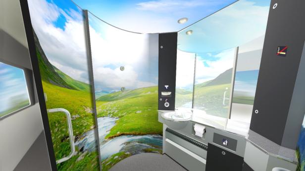 Ein modernes Badezimmer mit einer Wandgestaltung, die eine grüne Berglandschaft zeigt.