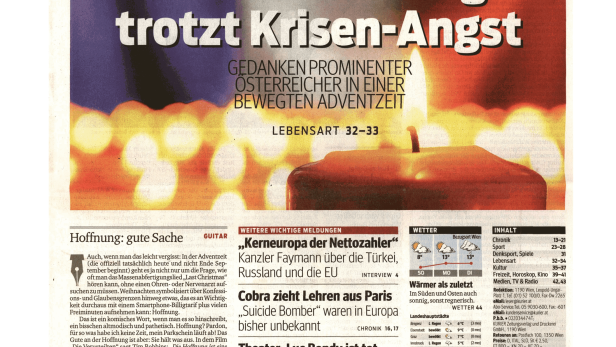 Titelseite des Kurier am Sonntag mit Artikeln zu Advent, Politik und Kultur.