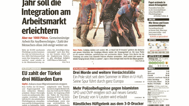 Titelseite der österreichischen Tageszeitung Kurier vom 30. November 2015.
