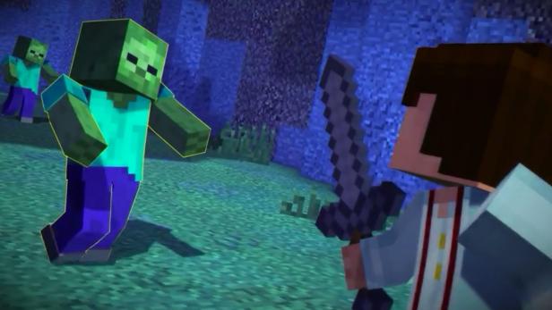 Ein Minecraft-Charakter steht mit einem Schwert vor zwei Zombies.