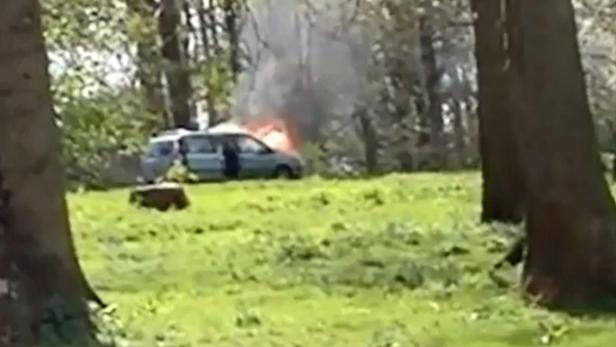 Ein brennendes Auto steht auf einer Wiese am Waldrand.