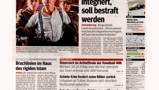 Titelseite des Kurier vom 22. Jänner 2015 mit Benedict Cumberbatch als Alan Turing.