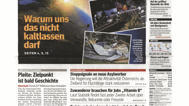 Titelseite des Kurier vom 1. Dezember 2015 mit Schlagzeilen zu Klima, Asyl und Wirtschaft.
