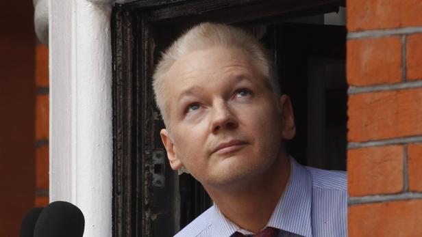 Julian Assange schaut aus einem Fenster.
