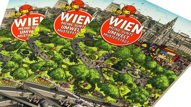 Mehrere Exemplare des Wimmelbuchs „Wien – Meine bunte Umwelt Musterstadt“ liegen übereinander.