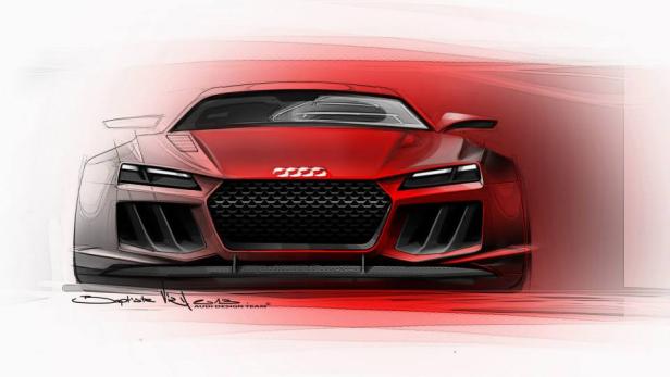 Eine Skizze eines roten Audi-Sportwagens von vorne.