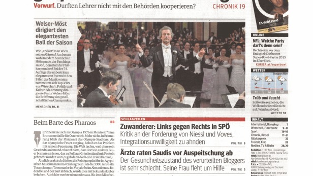 Titelseite der Zeitung „Kurier“ vom 23. Jänner 2015 mit verschiedenen Artikeln und Anzeigen.