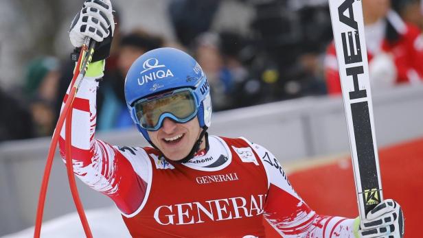 Mayer of Austria reacts after the men's Alpine Ski