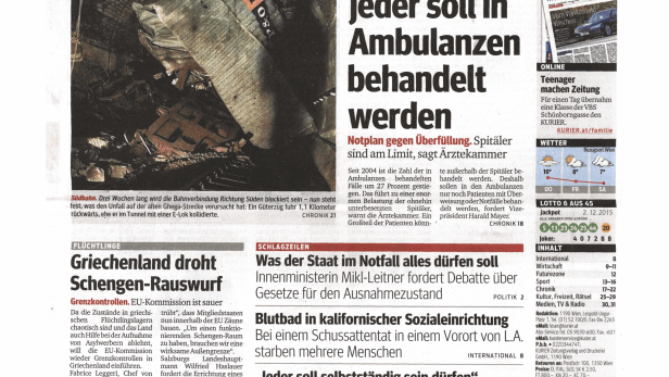 Titelseite des Kurier vom 3. Dezember 2015 mit Schlagzeilen zu verschiedenen Themen.