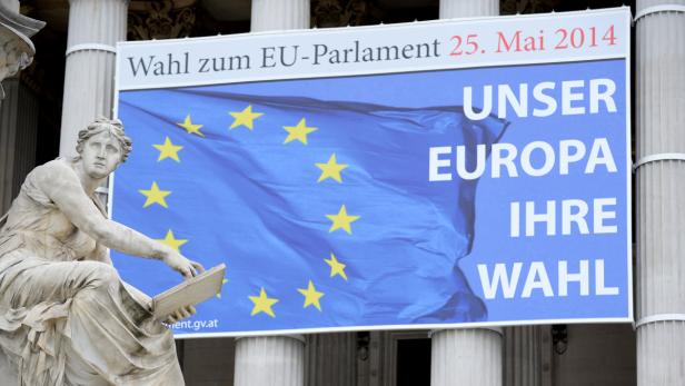 Plakat zur EU-Wahl Ende Mai vor dem Parlament in Wien